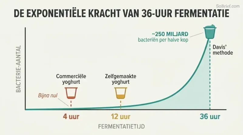 Exponential growth curve showing bacterial count exploding after 30 hours, with markers at 4, 12, and 36 hours revealing why longer fermentation yields a thousandfold more bacteria.