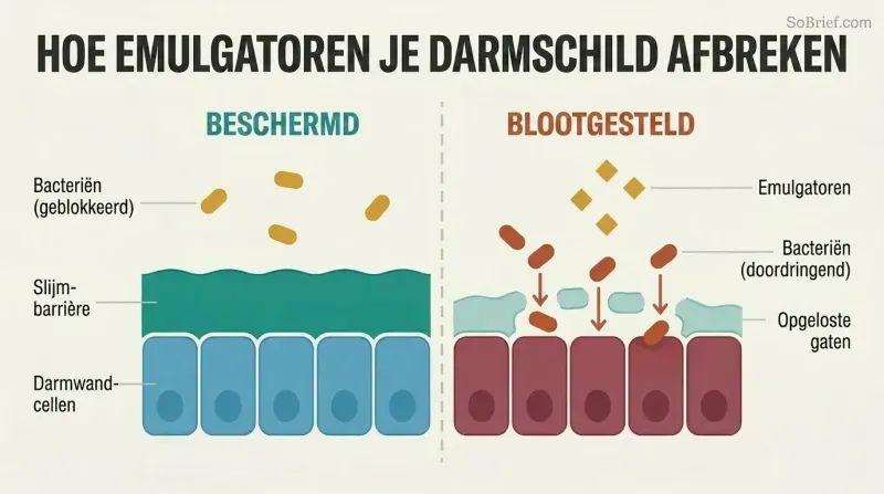Split-panel cross-section comparing an intact mucus barrier protecting gut cells on the left with a dissolved, gap-riddled barrier letting bacteria reach cells on the right.
