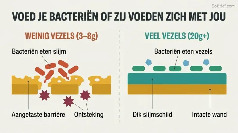 Split panel comparing a gut lining where starved bacteria erode the protective mucus layer versus one where prebiotic fiber keeps bacteria fed and the mucus barrier intact.