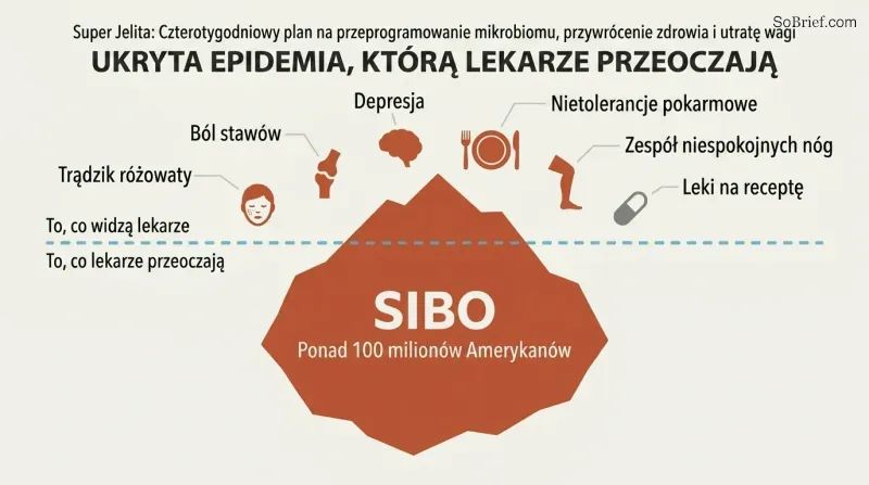 Iceberg diagram showing scattered symptoms visible above a waterline while a massive shape labeled SIBO dominates beneath, dwarfing the visible surface.