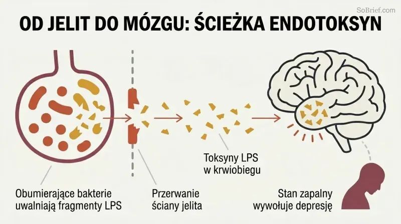 Causal chain showing bacterial toxin fragments leaking through a breached gut wall into the bloodstream and reaching the brain, triggering depression.