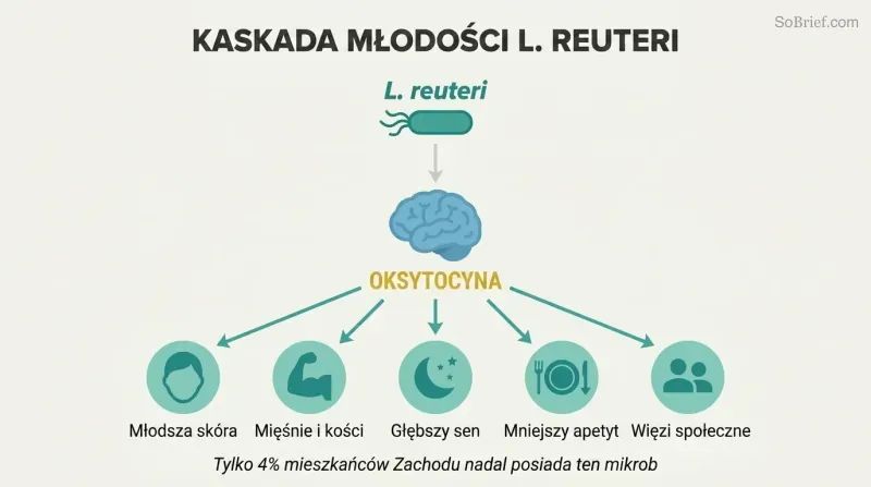 Cascade diagram showing L. reuteri bacterium triggering oxytocin release from the brain, which fans outward to five rejuvenation benefits including skin, muscle, sleep, appetite, and social connection.