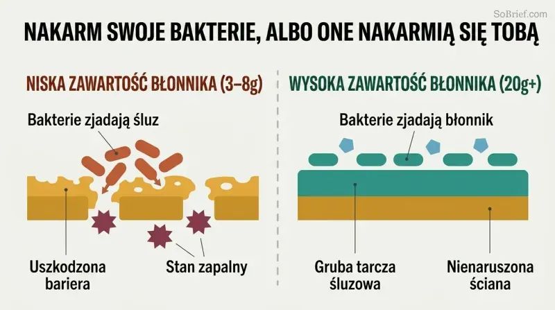 Split panel comparing a gut lining where starved bacteria erode the protective mucus layer versus one where prebiotic fiber keeps bacteria fed and the mucus barrier intact.