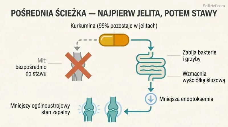 Fork diagram showing a crossed-out direct path from curcumin to knee, and an actual path flowing through the gut to reduce endotoxemia and then knee inflammation.