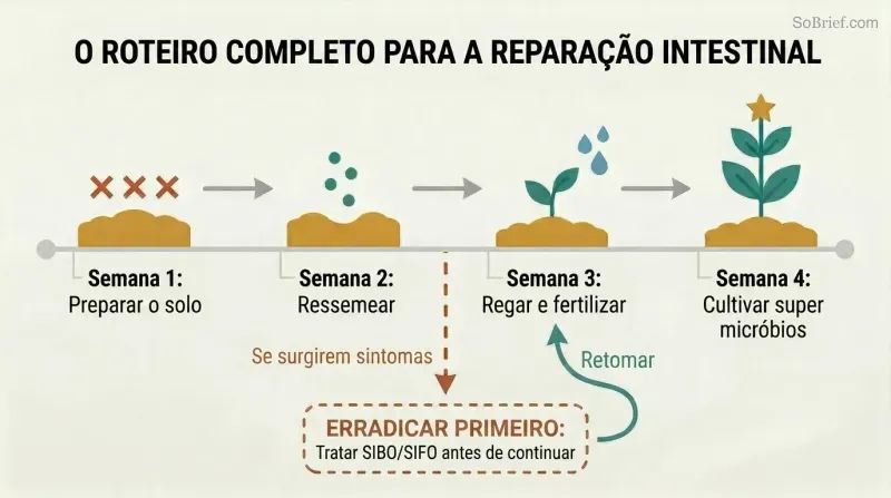 Four-step horizontal timeline showing gut restoration as garden stages—prepare, reseed, fertilize, grow—with a downward diversion arrow for symptom eradication before continuing.