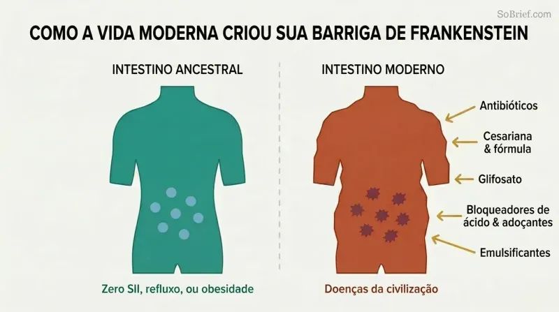 Split panel comparing a healthy ancestral gut on the left with a distorted modern gut on the right, five disruptor arrows converging on the damaged side.