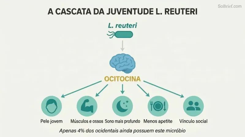 Cascade diagram showing L. reuteri bacterium triggering oxytocin release from the brain, which fans outward to five rejuvenation benefits including skin, muscle, sleep, appetite, and social connection.