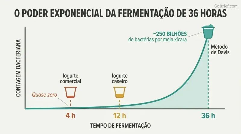 Exponential growth curve showing bacterial count exploding after 30 hours, with markers at 4, 12, and 36 hours revealing why longer fermentation yields a thousandfold more bacteria.