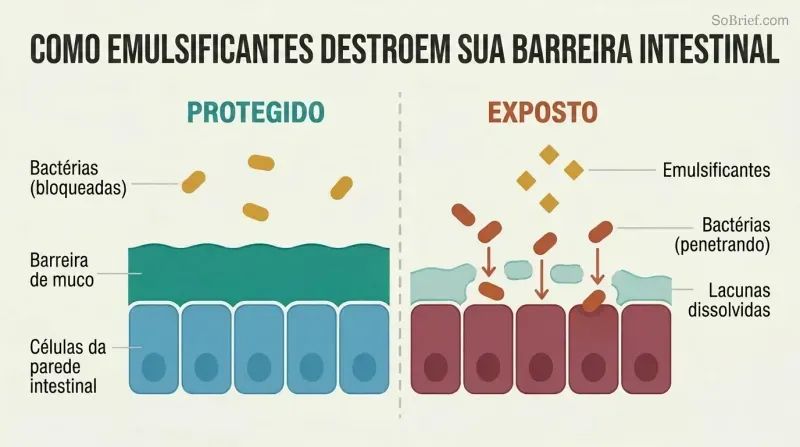 Split-panel cross-section comparing an intact mucus barrier protecting gut cells on the left with a dissolved, gap-riddled barrier letting bacteria reach cells on the right.
