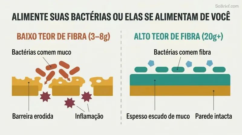Split panel comparing a gut lining where starved bacteria erode the protective mucus layer versus one where prebiotic fiber keeps bacteria fed and the mucus barrier intact.