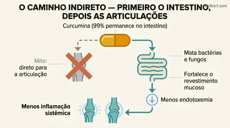 Fork diagram showing a crossed-out direct path from curcumin to knee, and an actual path flowing through the gut to reduce endotoxemia and then knee inflammation.