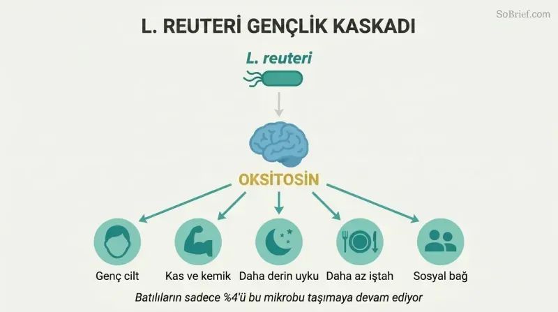 Cascade diagram showing L. reuteri bacterium triggering oxytocin release from the brain, which fans outward to five rejuvenation benefits including skin, muscle, sleep, appetite, and social connection.