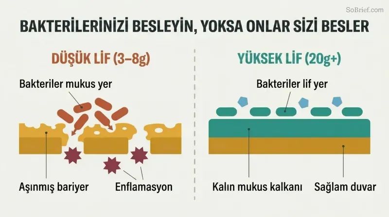 Split panel comparing a gut lining where starved bacteria erode the protective mucus layer versus one where prebiotic fiber keeps bacteria fed and the mucus barrier intact.