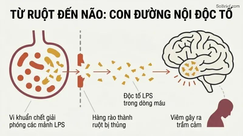 Causal chain showing bacterial toxin fragments leaking through a breached gut wall into the bloodstream and reaching the brain, triggering depression.