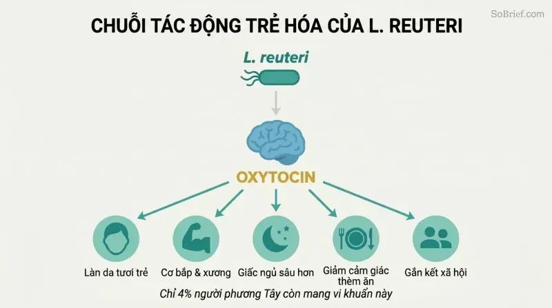 Cascade diagram showing L. reuteri bacterium triggering oxytocin release from the brain, which fans outward to five rejuvenation benefits including skin, muscle, sleep, appetite, and social connection.