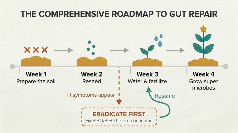 Four-step horizontal timeline showing gut restoration as garden stages—prepare, reseed, fertilize, grow—with a downward diversion arrow for symptom eradication before continuing.