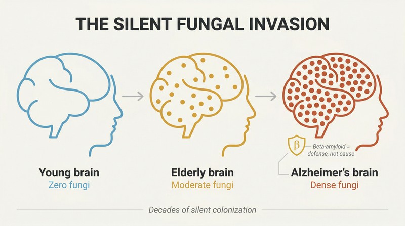Three brain silhouettes in a left-to-right progression showing zero, moderate, and dense fungal colonization corresponding to young, elderly, and Alzheimer's brains.