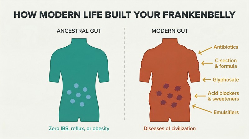 Split panel comparing a healthy ancestral gut on the left with a distorted modern gut on the right, five disruptor arrows converging on the damaged side.