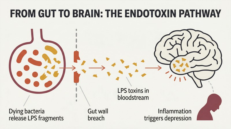 Causal chain showing bacterial toxin fragments leaking through a breached gut wall into the bloodstream and reaching the brain, triggering depression.