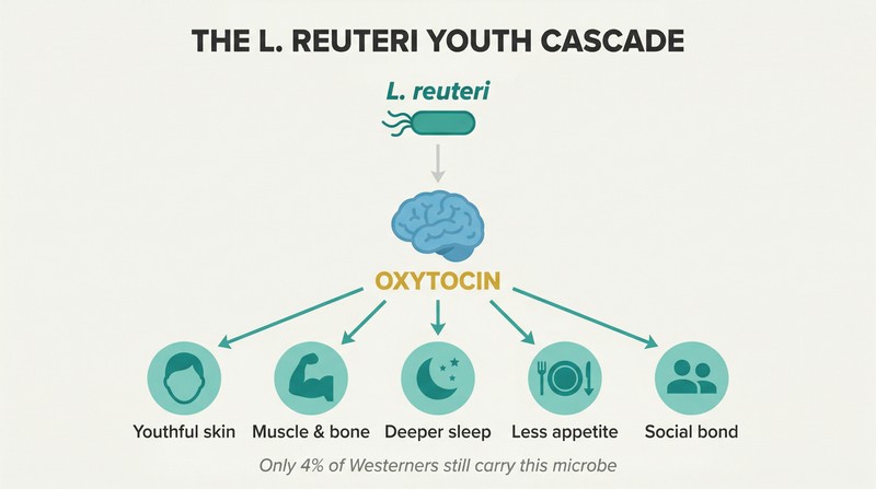 Cascade diagram showing L. reuteri bacterium triggering oxytocin release from the brain, which fans outward to five rejuvenation benefits including skin, muscle, sleep, appetite, and social connection.
