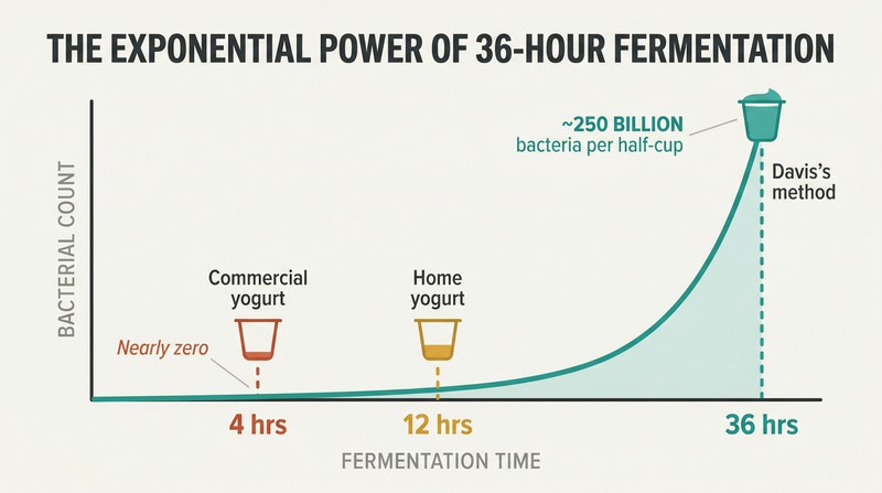 Exponential growth curve showing bacterial count exploding after 30 hours, with markers at 4, 12, and 36 hours revealing why longer fermentation yields a thousandfold more bacteria.
