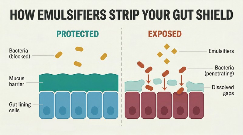 Split-panel cross-section comparing an intact mucus barrier protecting gut cells on the left with a dissolved, gap-riddled barrier letting bacteria reach cells on the right.