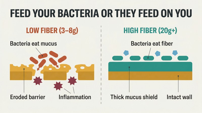 Split panel comparing a gut lining where starved bacteria erode the protective mucus layer versus one where prebiotic fiber keeps bacteria fed and the mucus barrier intact.
