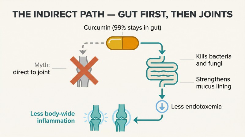 Fork diagram showing a crossed-out direct path from curcumin to knee, and an actual path flowing through the gut to reduce endotoxemia and then knee inflammation.