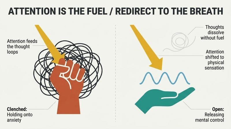 Split diagram showing how directing attention to overthinking feeds mental chaos in a clenched fist, while redirecting attention to the breath opens the hand and dissolves anxious thoughts.