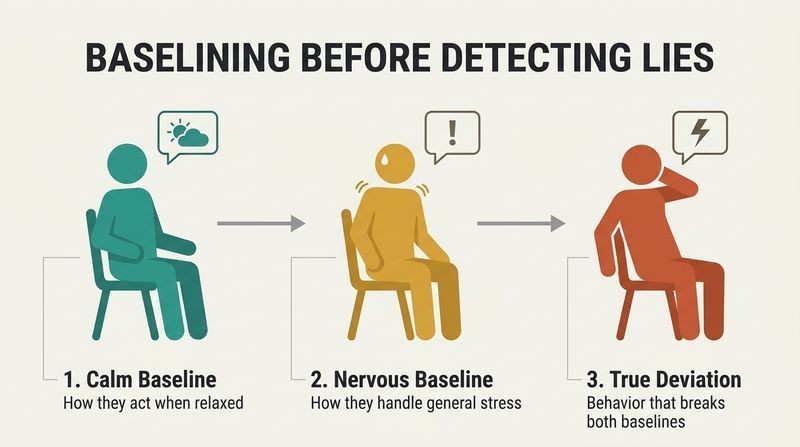 Three-step diagnostic sequence showing how to establish a calm baseline, then a nervous baseline, before identifying true deceptive deviations.