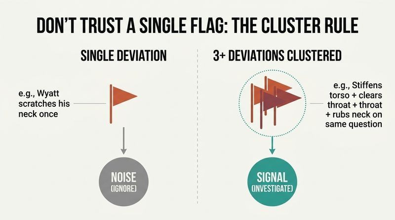 Split diagram showing how a single red flag is noise to be ignored, while a cluster of three flags signals a situation to investigate.