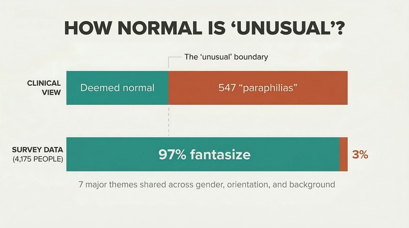 Two stacked proportion bars contrasting psychology's wide "unusual" classification against survey data showing 97% of people share common sexual fantasies.