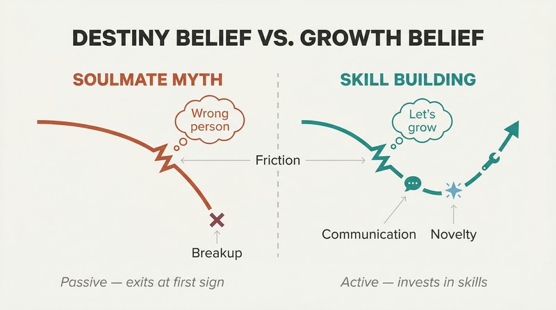 Split panel comparing two relationship trajectories where destiny believers break up after friction while growth believers recover through effort and novelty.