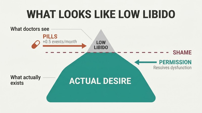 Iceberg diagram showing a small visible tip labeled low libido above a shame waterline, with a large mass of actual desire hidden below, contrasting pills targeting the tip versus permission dissolving the barrier.
