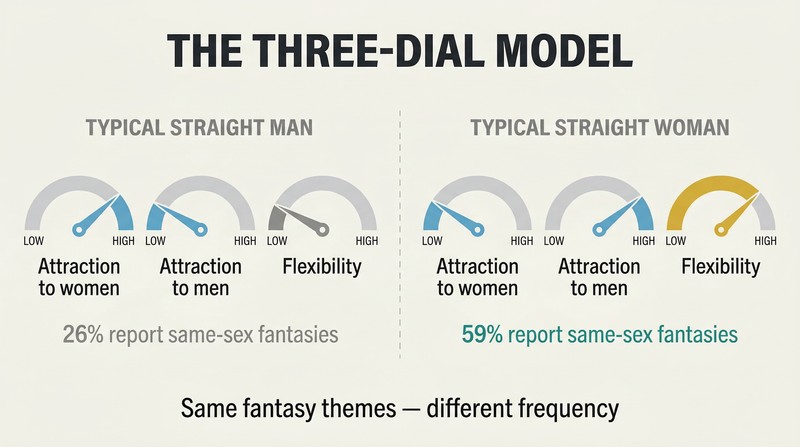 Split comparison showing three sexuality dials for men and women, where orientation dials are similar but women's flexibility dial is set much higher.
