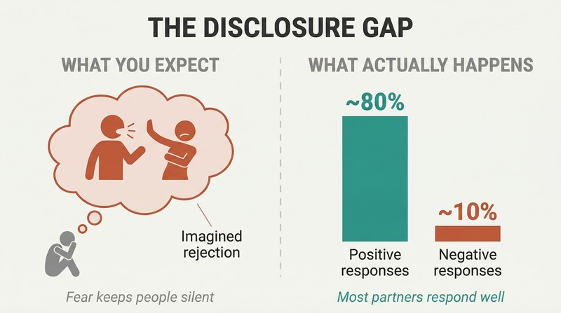 Split panel comparing an oversized fear of rejection on the left with proportion bars on the right showing 74–82% positive actual responses to sharing fantasies.