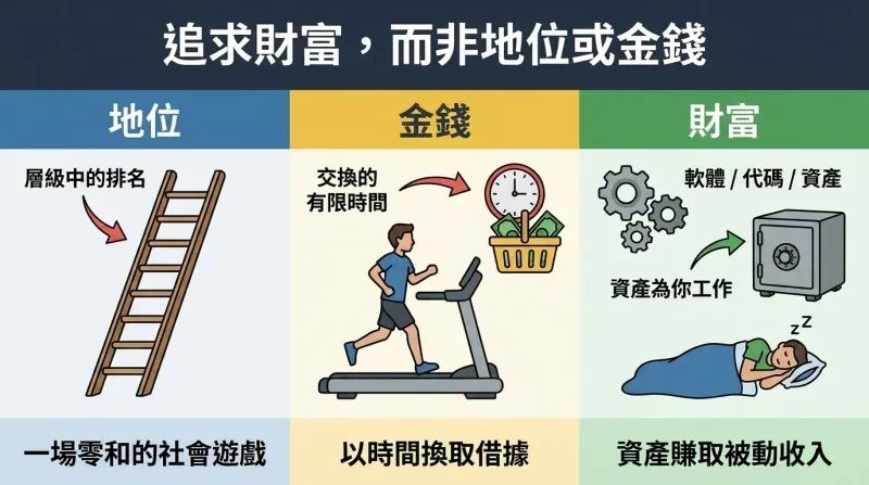 A three-column comparative infographic illustrating the structural differences between Status (a zero-sum social ladder), Money (trading time for temporary currency IOUs), and Wealth (passive assets that generate value while you sleep).