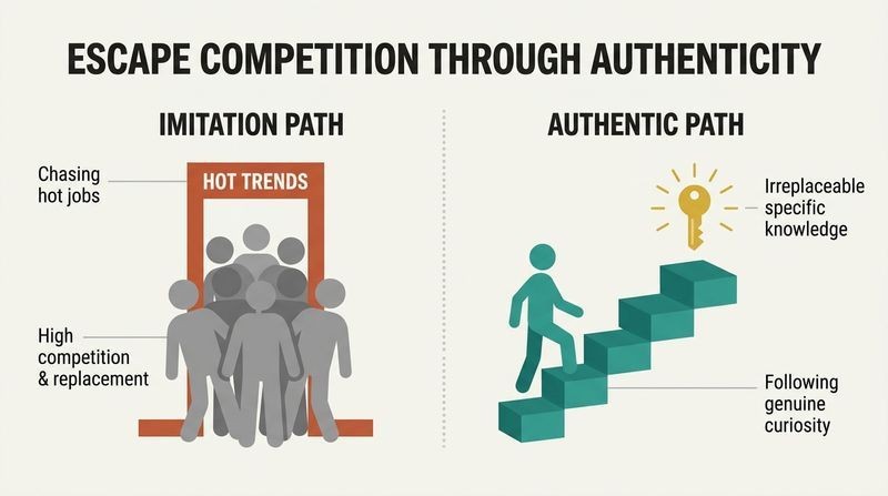 Split diagram contrasting a crowded, trend-chasing career bottleneck with a clear, curiosity-driven path to unique, irreplaceable expertise.