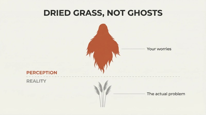 A large ghostly silhouette towers above a perception-reality dividing line while tiny grass stalks sit below, showing how fears vastly exceed actual problems.