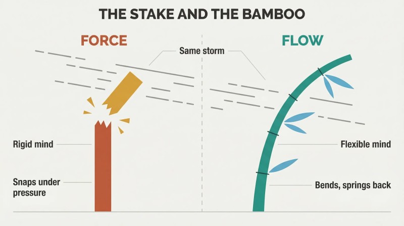 Split panel comparing a rigid wooden stake snapping in the wind against flexible bamboo bending and surviving the same storm.