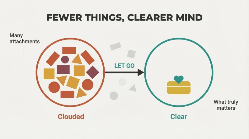 Two circles representing the mind — one packed with many small shapes symbolizing possessions, one nearly empty holding a single golden keepsake box — connected by an arrow showing how releasing attachments creates mental clarity.