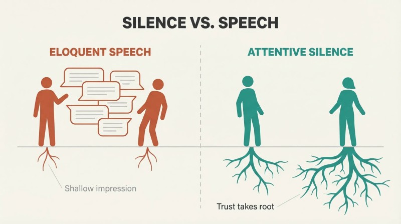 Split panel comparing two conversations: one filled with speech bubbles producing shallow roots, and one with empty attentive space producing deep roots of trust.