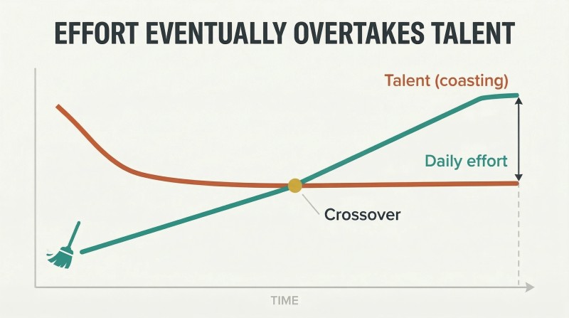 Two crossing trajectory lines showing talent starting high but flattening while daily effort starts low and steadily rises past it over time.