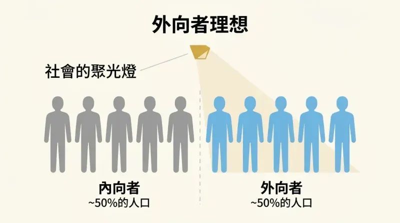 A spotlight illuminating only half of ten human silhouettes, showing how society's extrovert standard excludes roughly half the population.