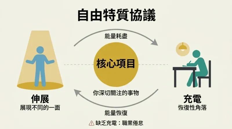 Circular cycle showing a person alternating between a spotlight stage for stretching and a lamplit desk for recharging, with a core project at the center driving both states.