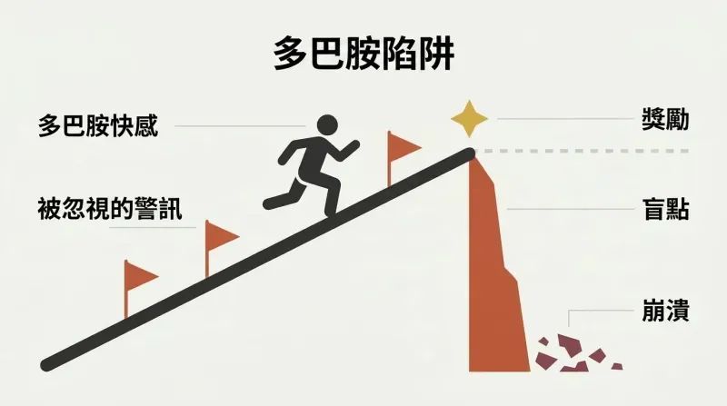 A silhouette figure races up a rising path past ignored warning flags toward a gold reward at the peak, beyond which the path drops off a sharp cliff.