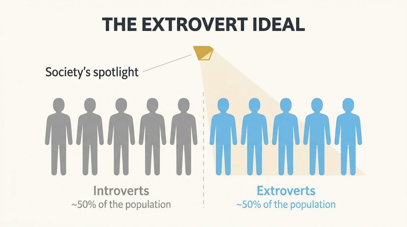 A spotlight illuminating only half of ten human silhouettes, showing how society's extrovert standard excludes roughly half the population.