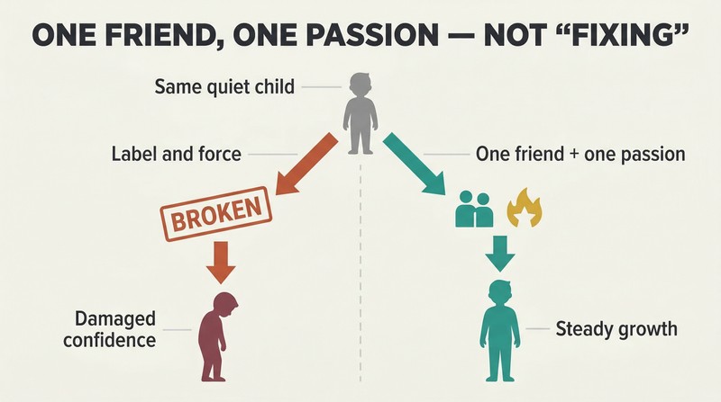 Fork diagram showing a quiet child with two paths: labeling them as broken leads to shrinking confidence, while providing one friend and one passion leads to growth.