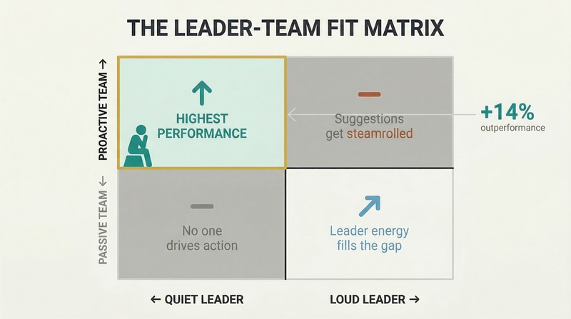 Two-by-two matrix crossing introverted and extroverted leaders with proactive and passive employees, highlighting that quiet leaders paired with proactive teams produce the highest performance.