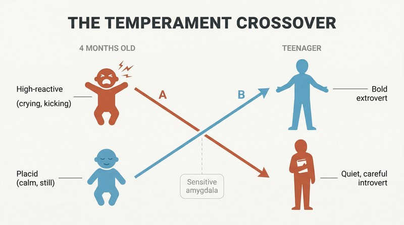 Two transformation paths crossing in an X pattern, showing crying babies becoming quiet teens while placid babies become bold extroverts.